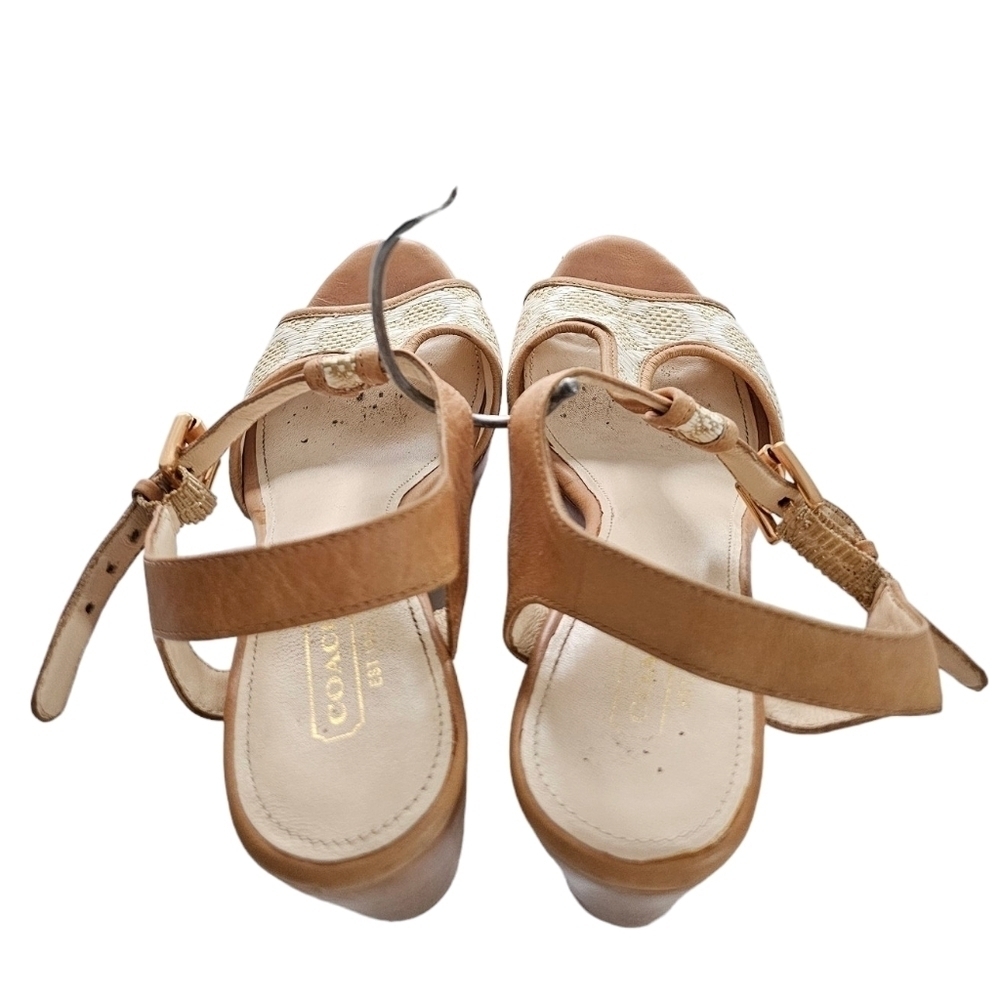 Coach Nelly Boho Platform Wooden Wedge Tan White Monogram Leather T-strap 7.5 - Picture 5 of 10
